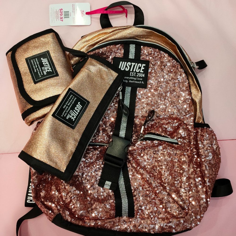 Justice Girl Backpack Gold Sequin with lunch bag and pencil case NWT